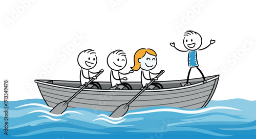 A cartoon illustration of three people rowing a boat with one standing up happily on water.