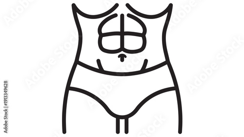 Male torso line icon showing six-pack abs and underwear, minimal black outline fitness symbol for gym training, body contour, healthy lifestyle and anatomy concept