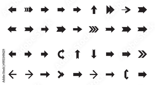 Collection of various black arrow icons on Transparent Background for navigation and direction