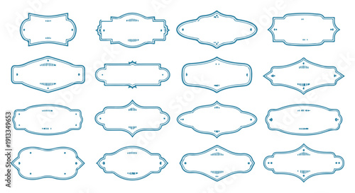 Collection of 16 blue vintage label and badge templates with ornate designs on Transparent Background for branding and graphic design projects.