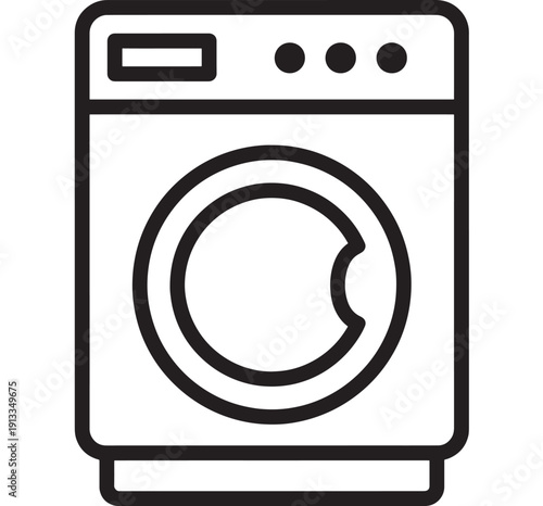 Washing machine icon in bold black outline, front loading laundry appliance symbol isolated on white background, minimal vector style for cleaning, home and service apps