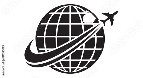 Black and white graphic illustration of a swoosh logo wrapped around a globe with a flying airplane, symbolizing global travel and adventure.