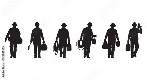 Silhouettes of six construction workers walking with tools and equipment on a Transparent Background, illustrating labor and industry.