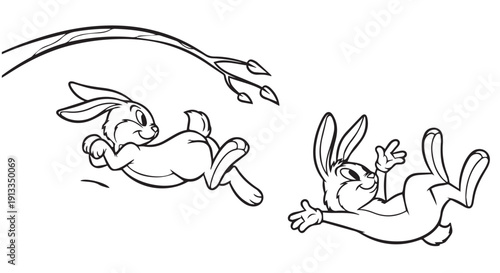 Two cartoon rabbits jumping playfully in air with leaves, black and white illustration for coloring book.