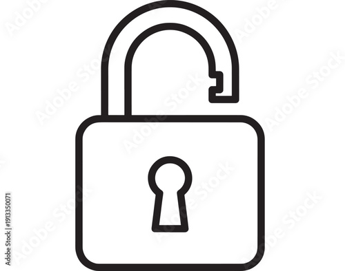 Padlock icon with open shackle in black outline, cybersecurity and privacy symbol for unlocked access, authentication, data protection and secure login UI