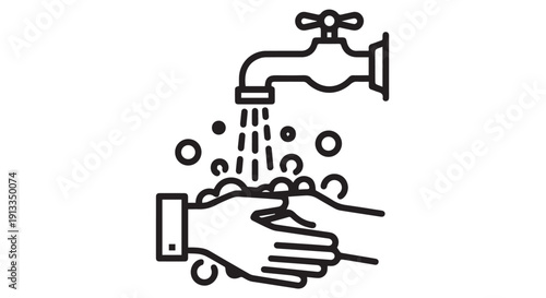 Black line icon of a hand washing under a faucet with water and soap bubbles, symbolizing hygiene and cleanliness.