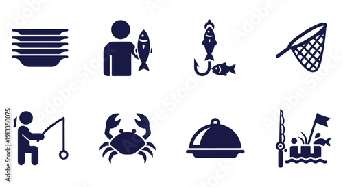 Collection of flat design seafood icons including fishing, seafood dishes, and ocean creatures.