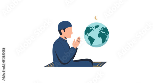 Man Praying on Prayer Mat with Globe and Crescent Moon