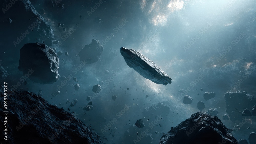 Fototapeta premium Asteroid field in deep space with light rays