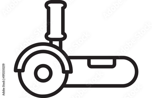 Angle grinder icon in black outline style showing handheld power tool for cutting, grinding and polishing, isolated on white background for industrial apps