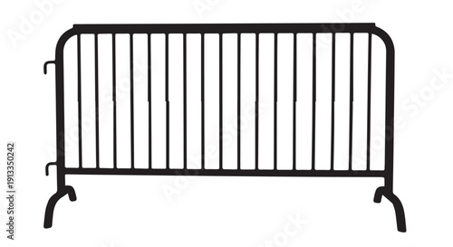 Black metal pedestrian barrier gate with vertical bars on Transparent Background for safety and crowd control.