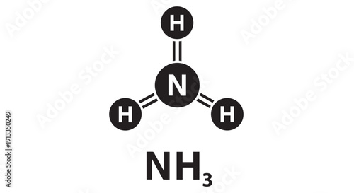 Ammonia molecular structure with chemical formula NH3 and atomic bonds