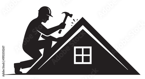 A construction worker in a hard hat kneels on a roof, hammer in hand, repairing or building a house with a window.