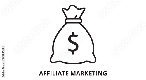 Affiliate marketing concept with a money bag and dollar sign symbolizing online earnings and passive income strategies.