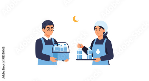 Man and woman in aprons working together at night with milk and dairy products