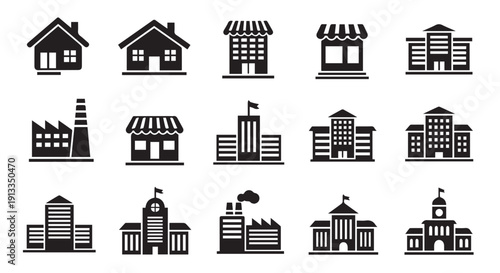 Collection of various building and architecture icons including houses, shops, factories, and office buildings in black silhouette.
