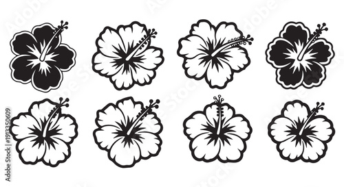 Eight black and white hibiscus flower illustrations on Transparent Background, floral design elements.