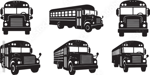 Black Solid Diverse School Bus Silhouettes Set of Six on White Background