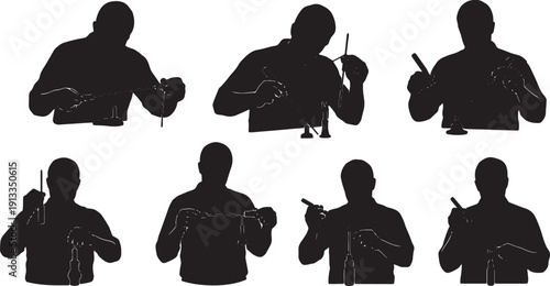 Black Solid Mechanic With Screwdriver Silhouettes Set of Six on White Background