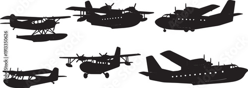 Black Solid Seaplane and Amphibious Aircraft Silhouettes Set of Six on White Background