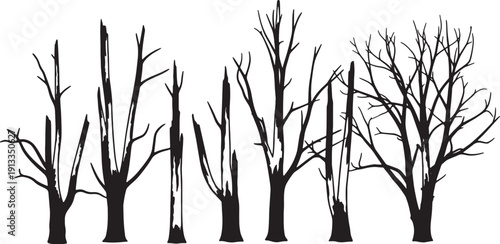 Black Solid Scorched Forest Fire Tree Silhouettes Set of Six on White Background