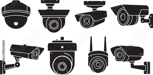 Black Solid Security Camera Silhouettes Set of Six on White Background