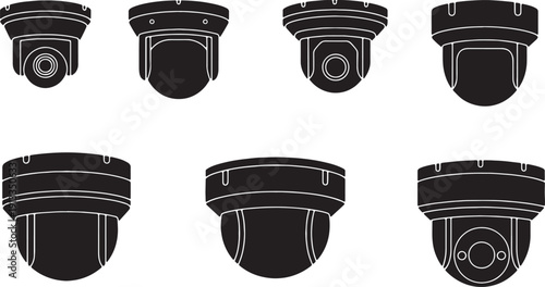 Black Solid Security Dome Camera Silhouettes Set of Six on White Background