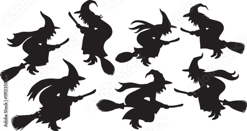 Black Solid Searching Witch Flight Silhouettes Set of Six on White Background