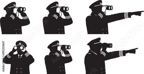 Black Solid Ship Captain Silhouettes Set of Six on White Background