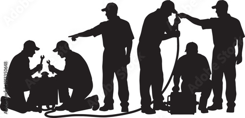 Black Solid Mechanic Service Sticker Silhouettes Set of Six on White Background