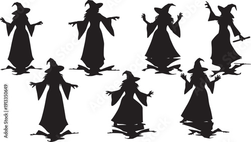 Black Solid Shadow Casting Witch Silhouettes Set of Six on White Background