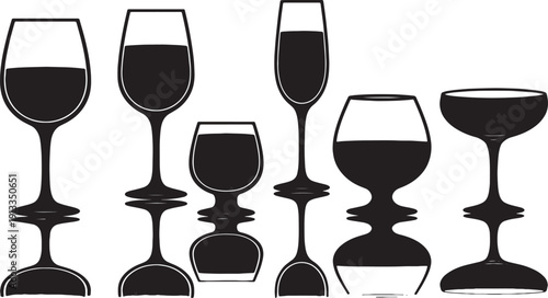 Black Solid Shadowed Wine Glasses Silhouettes Set of Six on White Background
