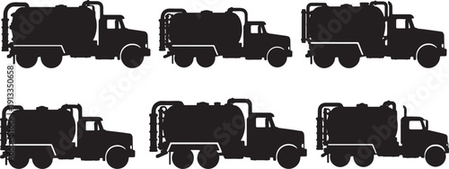 Black Solid Septic Tank Pump Truck Silhouettes Set of Six on White Background