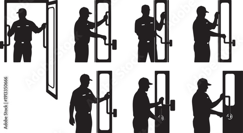 Black Solid Shuttle Driver Door Operation Silhouettes Set of Six on White Background