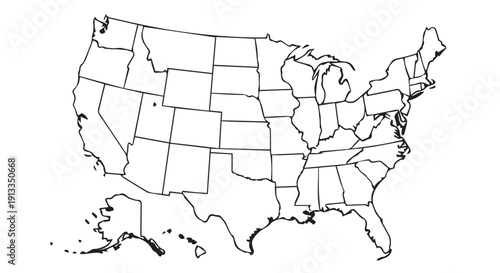 Map of the United States with state borders, black outline on Transparent Background, illustration
