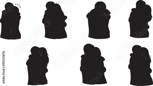 Black Solid Shy Awkward First Date Hugs Set of Six on White Background