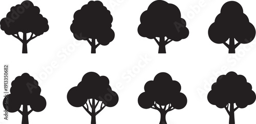 Black Solid Simple Round Map Tree Silhouettes Set of Six on White Background
