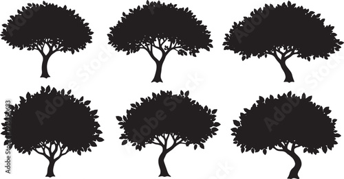Black Solid Silkworm Mulberry Tree Silhouettes Set of Six on White Background