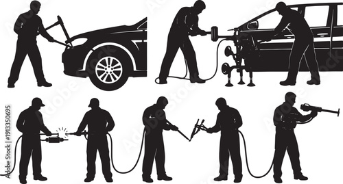 Black Solid Mechanic Slide Hammer Silhouettes Set of Six on White Background