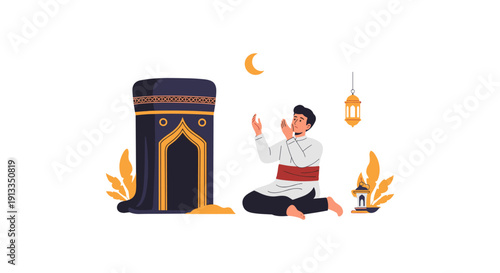 Man Praying beside Islamic Prayer Rug under Crescent Moon with Lanterns
