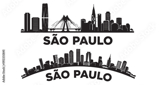 Black and white graphic illustration of São Paulo city skyline with iconic landmarks and buildings, Brazil, South America, urban landscape.