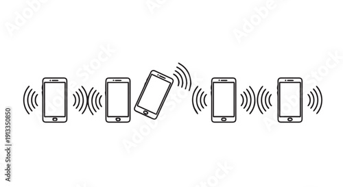 Vector illustration of five mobile phones with wireless signals, one falling, on a Transparent Background, conveying connectivity and technology.