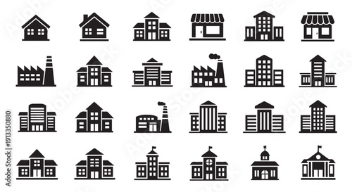 Collection of 18 black building icons on Transparent Background, including houses, factories, and shops, ideal for graphic design projects.