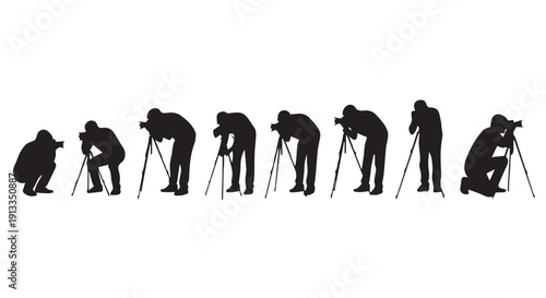 Silhouettes of photographers in various poses with cameras and tripods on Transparent Background, capturing moments in different positions.