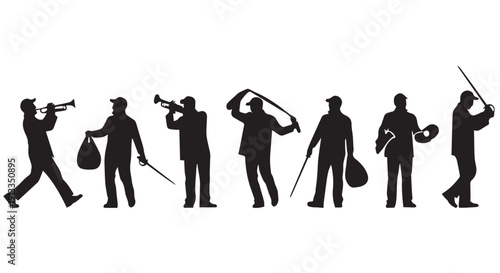 Silhouettes of six men in various poses, playing instruments, holding bags, and wielding swords, against a Transparent Background.