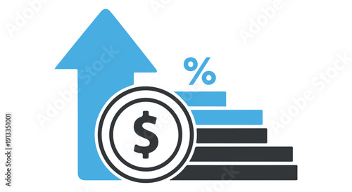 Graphic representation of financial growth with a rising arrow, percentage symbol, and dollar sign, indicating increased profits and investment returns.