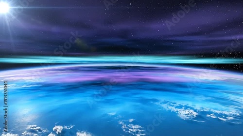 Orbital view of a blue planet with white clouds starry dark sky a bright sun and colorful atmospheric bands