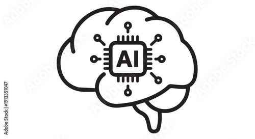 Simple black and white illustration of artificial intelligence concept with brain and microchip, representing machine learning and cognitive technology.