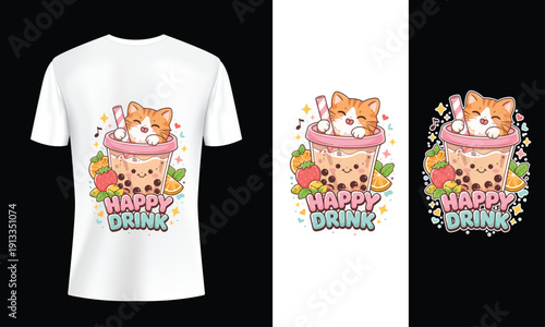 A white t shirt displays a cute cartoon kitten nestled inside a strawberry bubble tea alongside festive decorations