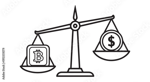 Simple line art illustration of a scale balancing Bitcoin and US dollar, symbolizing cryptocurrency comparison on a Transparent Background.